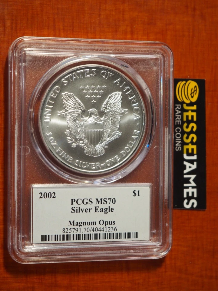 2002 $1 АМЕРИКАНСКИЙ СЕРЕБРЯНЫЙ ОРЕЛ PCGS MS70 MAGNUM OPUS НАСЛЕДИЕ КОЛЛЕКЦИИ ЭТИКЕТКА - Изображение 2 из 2