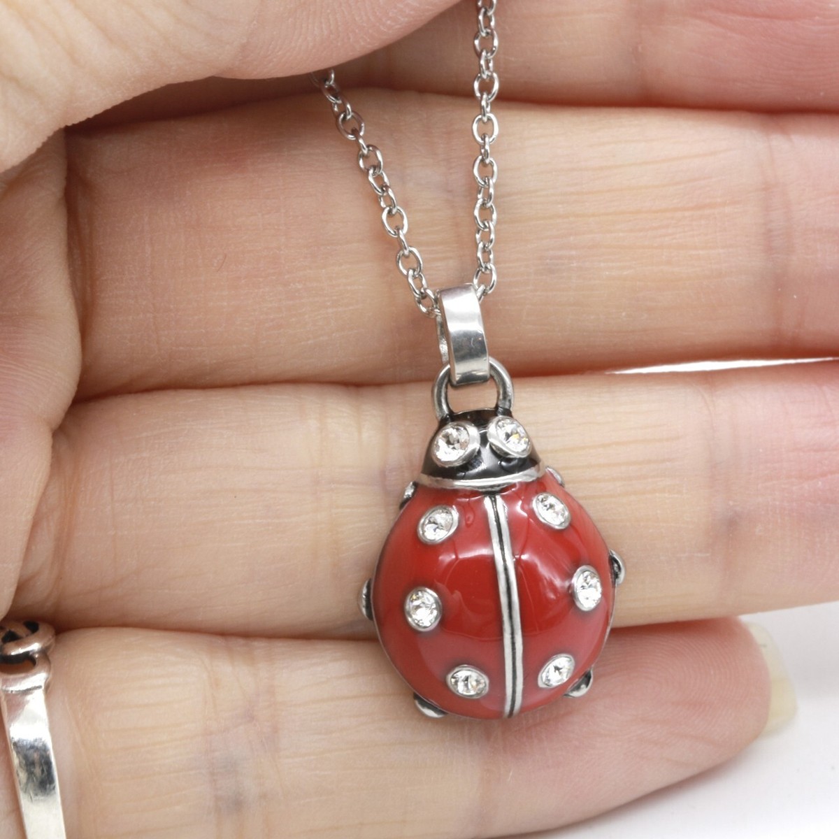 Ladybug Pendant Necklace Red Black Epoxy White Crystals Charm Necklace