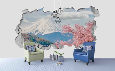3D Fuji Mountain Pink Floral Self-adhesive Removable Wallpaper Murals Wall