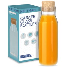 HEFTMAN Carafe Glass Bottle Cork Lid Clear Water Hot Cold Jars 1 Litre 1 Pack