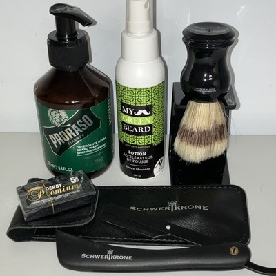 Set: Schwertkrone Rasiermesser, Bartbürste + Proraso Bartshampoo + Bart Lotion