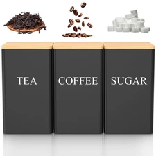 3-Piece Coffee Tea Sugar Canister Set - Black, Airtight, 1000ml, Bamboo Lids