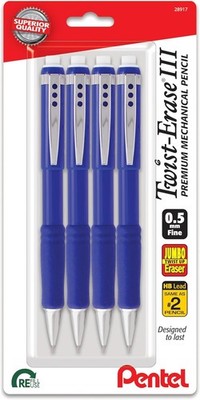 Twist-Erase III Mechanical Pencil, (0.5mm), Fine Line, Blue Barrel, Pack of 4