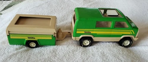 Vintage Tonka Green Van with Pop Up Camper 1970’s Pressed Steel USA Toy