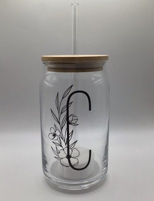 Monogram Sipper Glass Personalized Floral Letter ''C '' 15.6oz Tumbler Glass Straw