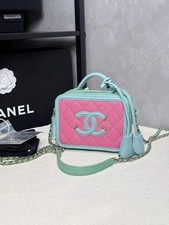 Auth Chanel Pink & Mint Green Quilted Caviar Vanity Case Bag Gold Hardware