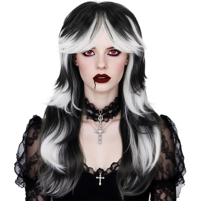 Black and White Wig Long Black White Gradient Wavy Wigs Layered Wolf Cut Vampire