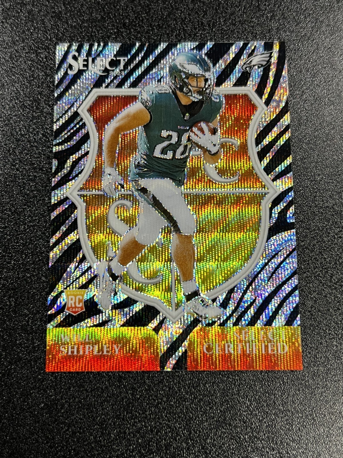 Will Shipley 2024 Select Certified Rookie Zebra Prizm Case Hit SSP #20 RC Eagles