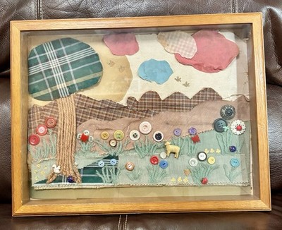 VTG Folk Art Textile/Button Wooden Collage Shadow Box-Sunny Meadows Grandma Core