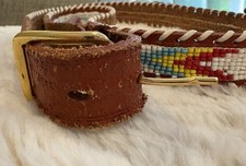 Vintage Genuine Leather Hand Beaded Indigenous Design Belt 28 In.