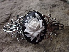 WHITE ROSE ON BLACK CAMEO SILVER FILIGREE BARRETTE - UNIQUE - BRIDAL -WEDDING