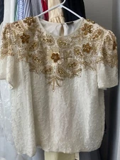 Vintage 80s Mark and John by Sam white a gold Silk Gold Beaded Sequined sz: XL