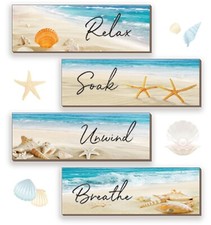 4 Pieces Beach Bathroom Decor Ocean Beach Wall Decors Relax Soak Unwind Breat...