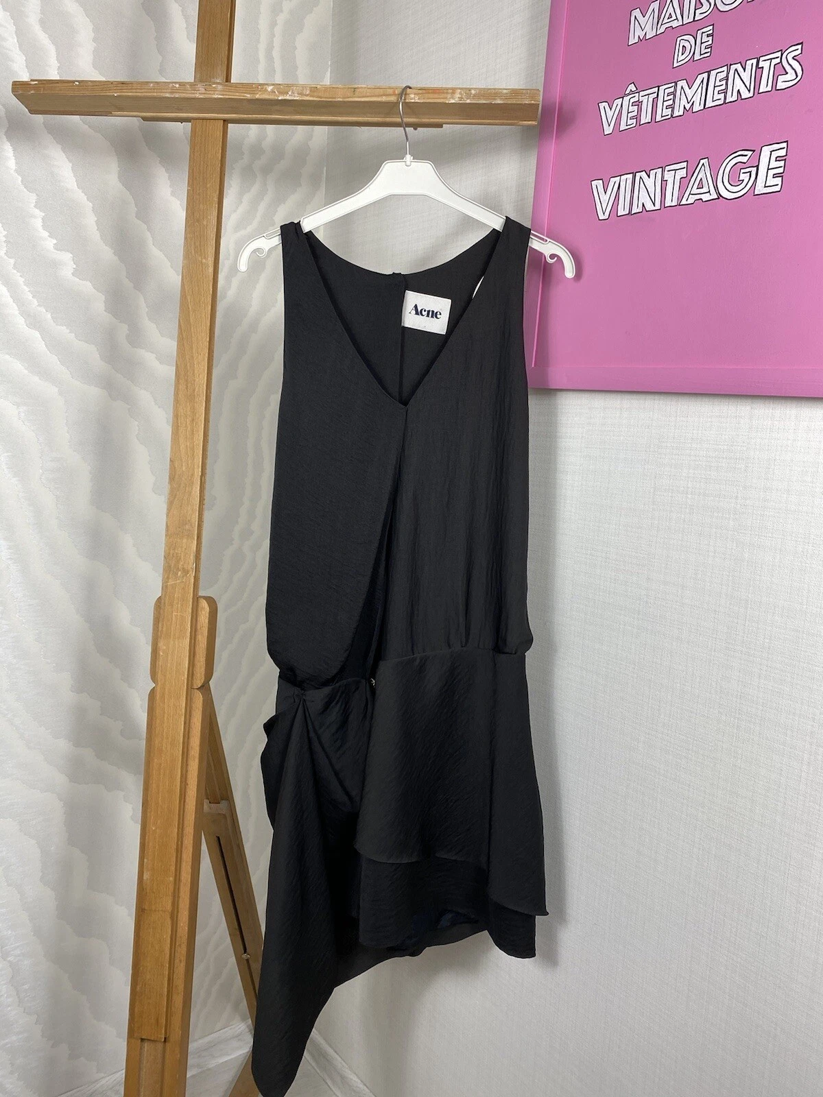 Abito senza maniche Acne Studios raso nero svasato mini taglia M asimmetrico