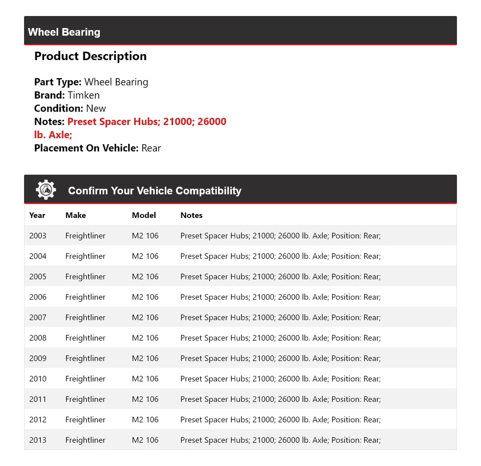 Cojinete de rueda trasero Timken 2004 2005 2006 2007 para Freightliner M2 106 2003-2013 Foto 2 de 4