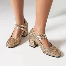 2024 Women's Mary Janes Block Heels Ankle Strap Sequins Glitter Pumps Shoes Lady