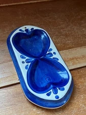 Blue & Tan Double Heart Thick Stoneware Pottery Spoon Rest or Wall Decoration -