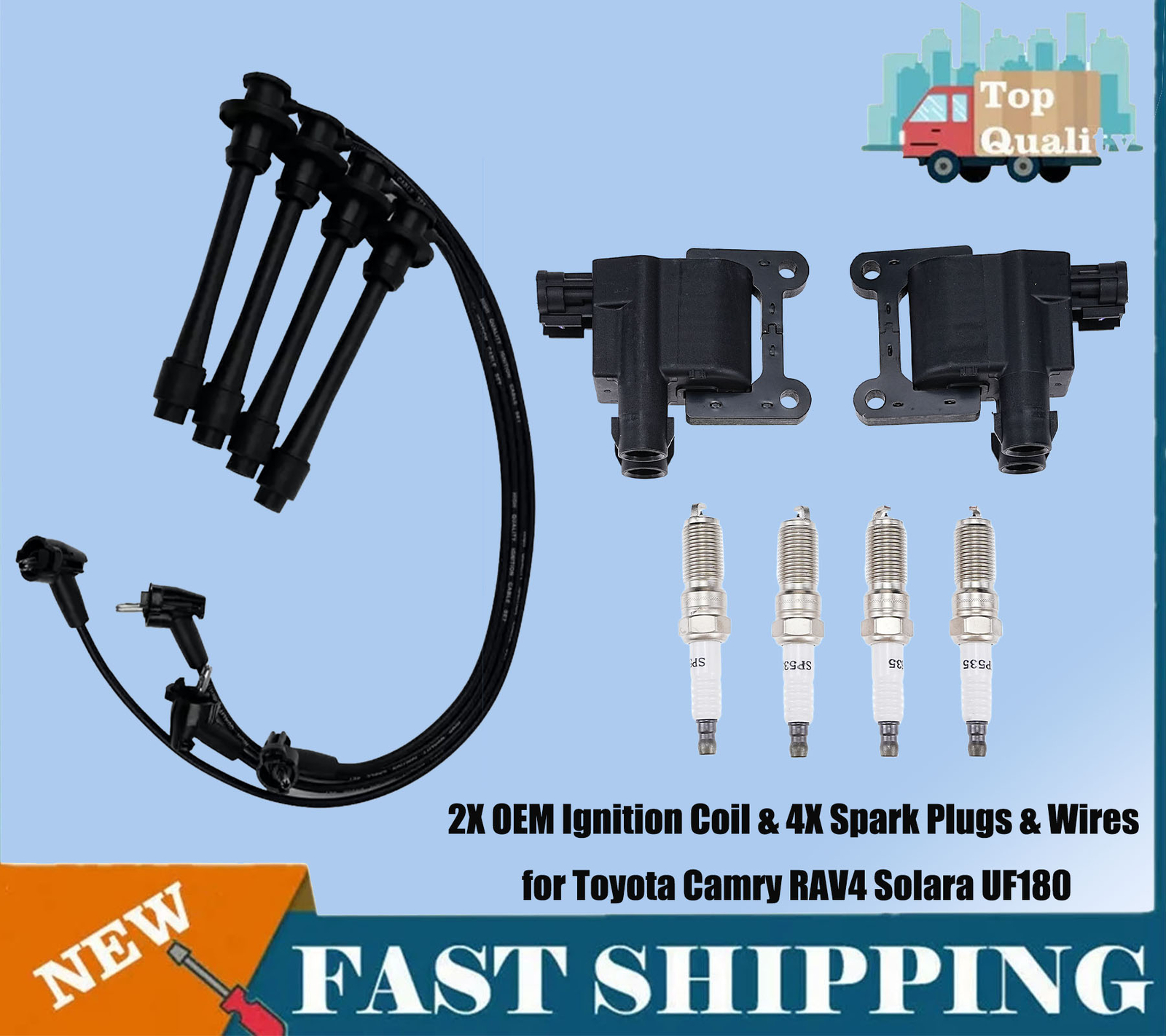 2X OEM Ignition Coil & 4X Spark Plugs & Wires for Toyota Camry RAV4 Solara UF180