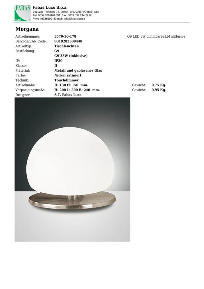 Fabas Luce LED Lampada Tavolo Morgana 1flg. G9 3570-30-178 Nichel Matt Bianco - Immagine 4 di 4
