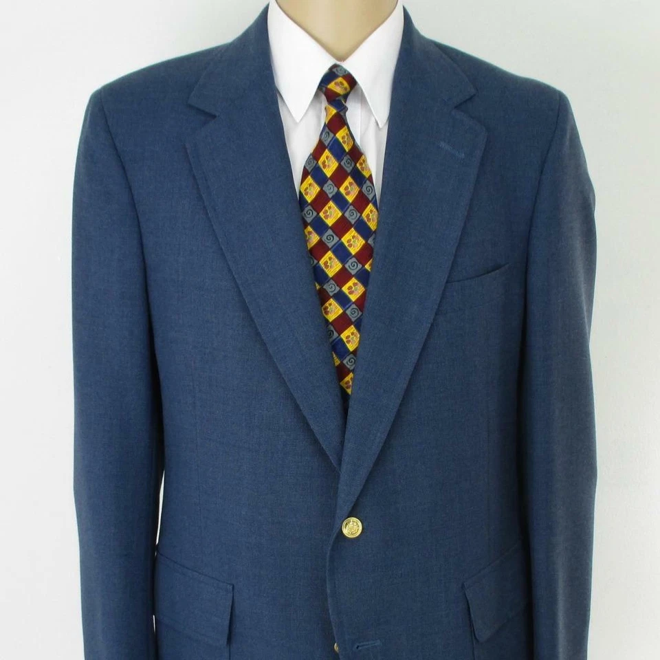 42 R Lands' End Solid Blue Wool Blend 2 Btn Mens Jacket Sport Coat Blazer
