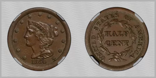 US 1854 1/2C NGC AU58BN Braided Hair Half Cent