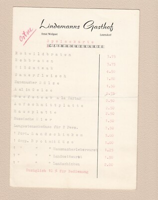 um 1962 LATENDORF Lindemanns Gasthof ERNST WOLGAST ( Speisekarte beidseitig )