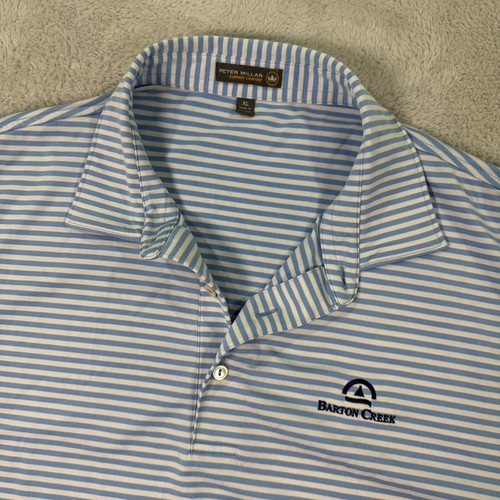 Peter Millar Polo Shirt Mens XL White Blue Striped Short Sleeve Summer Comfort