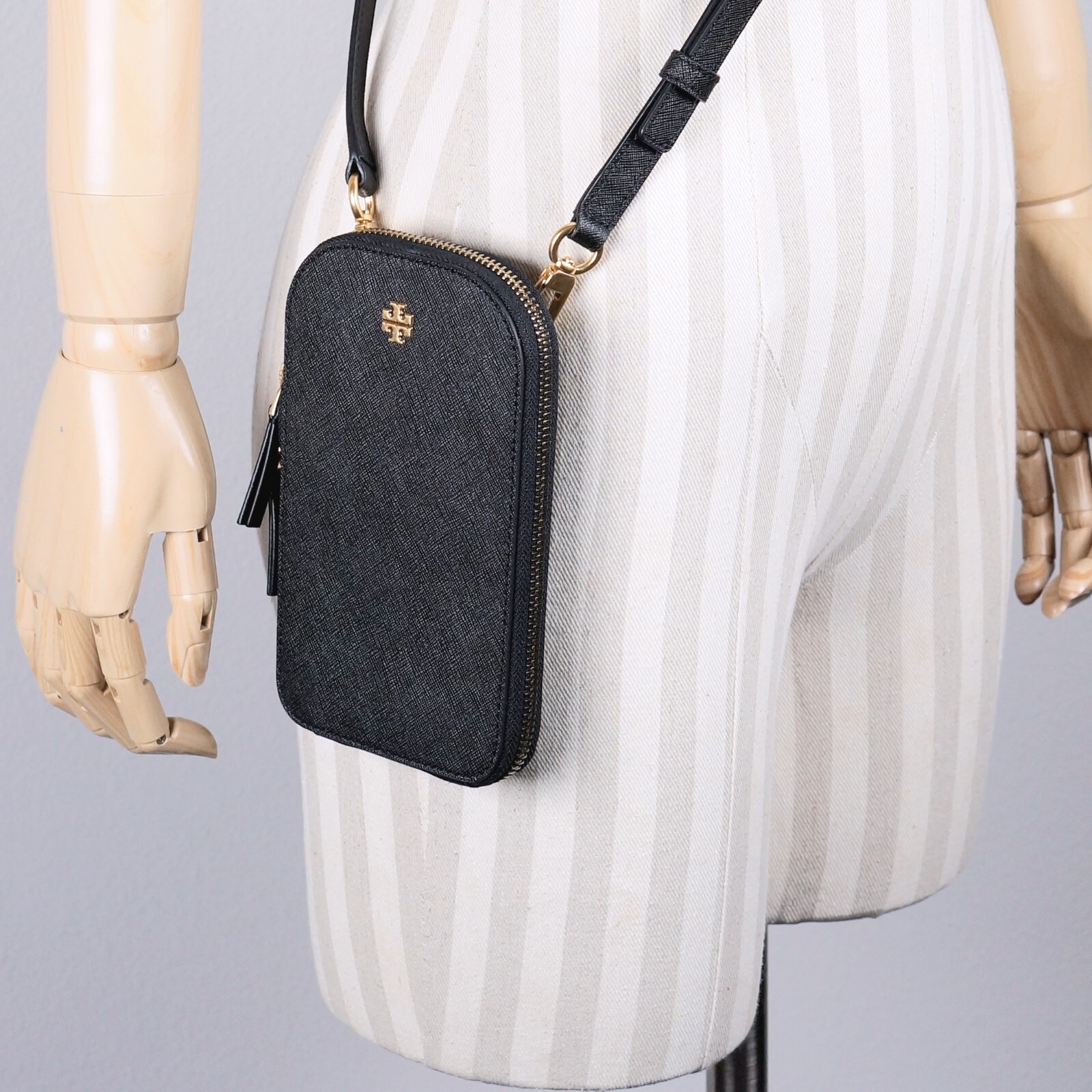 Tory Burch Emerson Black Saffiano Leather Cellphone Crossbody Bag 