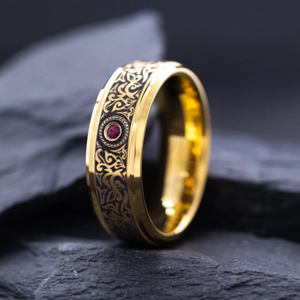8mm Yellow Gold Plated Tungsten Ring with Red Ruby and Victorian Engravings - Image 3 of 4