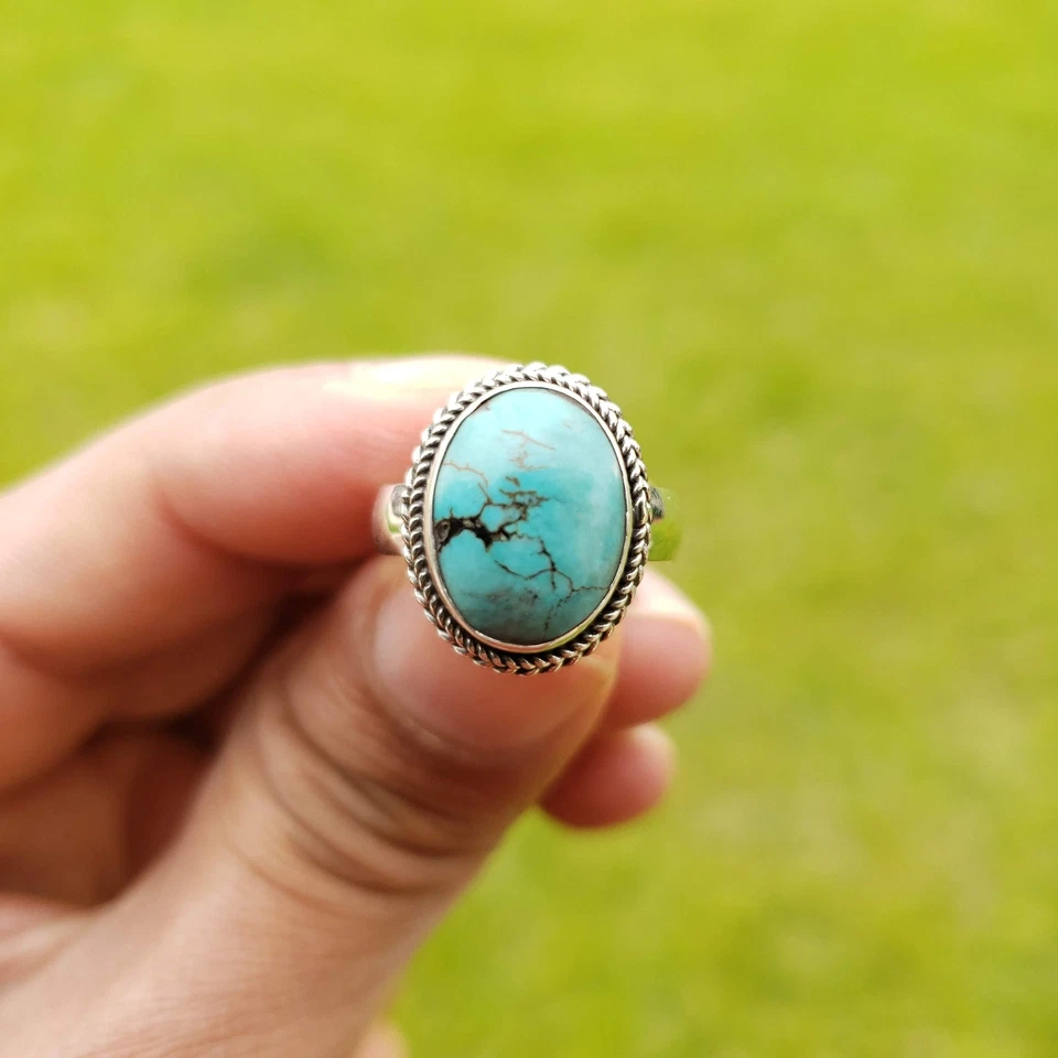 Genuine Turquoise Ring 925 Sterling Silver Gem Stone Ring Boho Turquoise Ring - Image 2 of 4