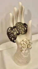 Metal Panel Bracelet, Laser-cut Flower Design, Black, Rubberband Expandable