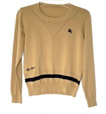 BURBERRY Signature Logo Embroidered Intarsia Varsity Sweater Top Camel Tan S 4/6