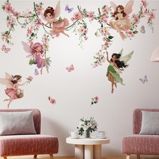 Flower Fairy Wall Decals, Floral Butterfly Elf Art Wall Sticker, Peel and Sti...