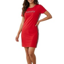 Tommy Hilfiger Women's Red Logo T-Shirt Dress Racer Stripe Size Large Sporty