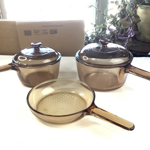 Visions Cookware Set CorningWare Visions 5 Piece Cookware Set Amber Vintage Glass Skillet ...