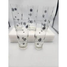 Vintage Mid Century Black Snowflake Ice Tea/ High Ball glasses Set of 5