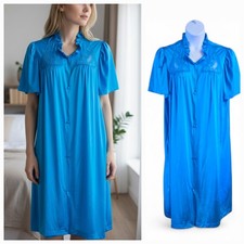Vintage Lorraine Nightgown Robe Blue Nylon Lace Ruffles Button Down Plus Size 1X