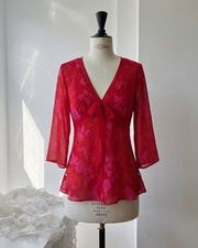 Announcements Maternity Y2kRed Pink Floral Sheer V-Neck Tie Bow Blouse S