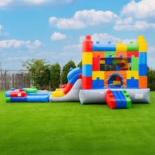 HeroKiddo Block Party Inflatable Water Slide Bounce House Combo w/ Pool Blower