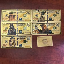 Zestaw 5 złotych kart foliowych Star Wars w projekcie banknotów + certyfikat