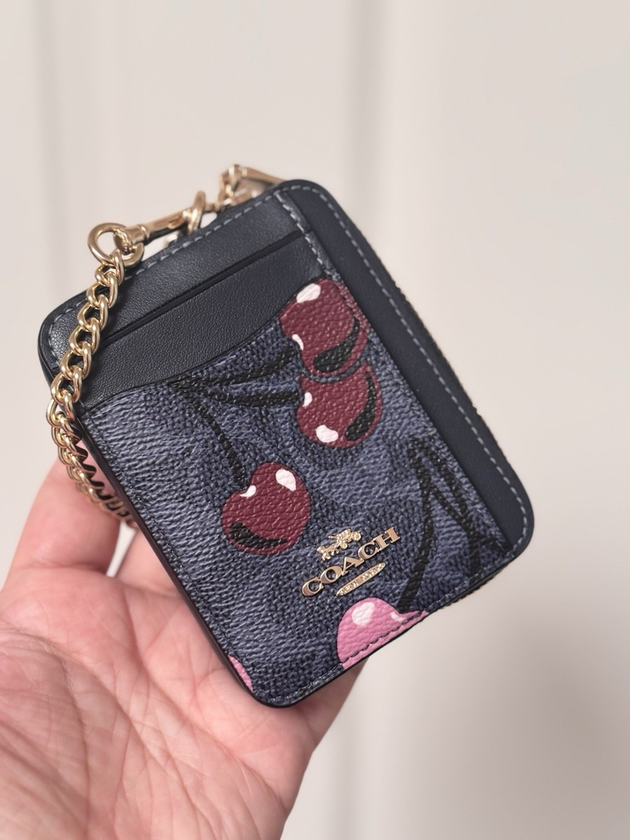 NWT Coach CZ468 Zip Card Case Signature With Cherry Mini Wallet