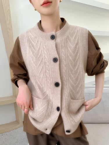 New 100% Wool Vest Women's Thickened Twisted Round Neck Sleeveless Sweater Gilet - Picture 5 of 23