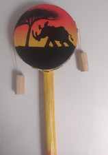 Vintage Hand Drum African Decor Elephant Sunset Wooden Handmade Ethnic Art Gift