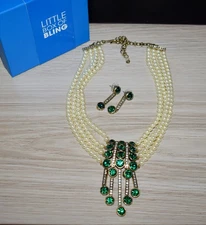 Heidi Daus An Affair To Remember 4 Strand Pearl Emerald Necklace Earring Set #6