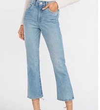 Express Jeans Women High Rise Crop Flare Denim Embellished Rhinestone Sz 2