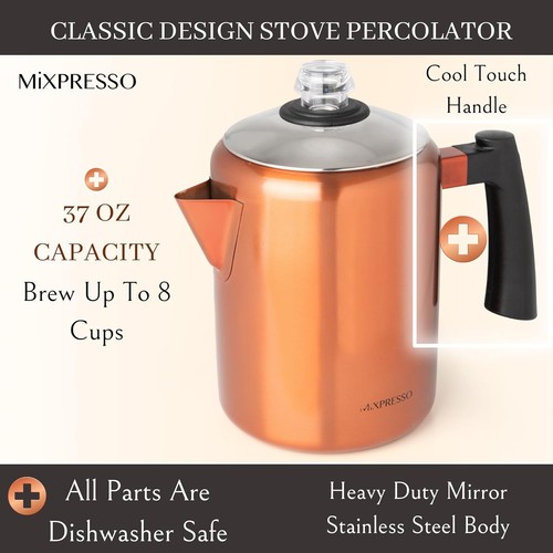 Mixpresso Copper Stainless Steel Coffee Percolator Stovetop, 37oz - Picture 3 of 8