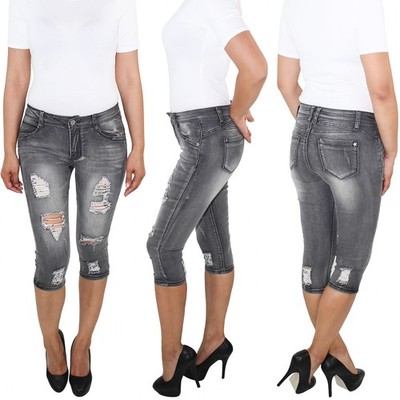 Damen Capri 3/4 Bemuda Jeans Kurze Hose Shorts Sommerhose Stretch Hüft Grau