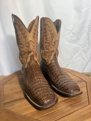 LUCCHESE TAN BURNISH HORNBACK CAIMAN WIDE SQUARE TOE EXOTIC COWBOY BOOTS 10.5 EE