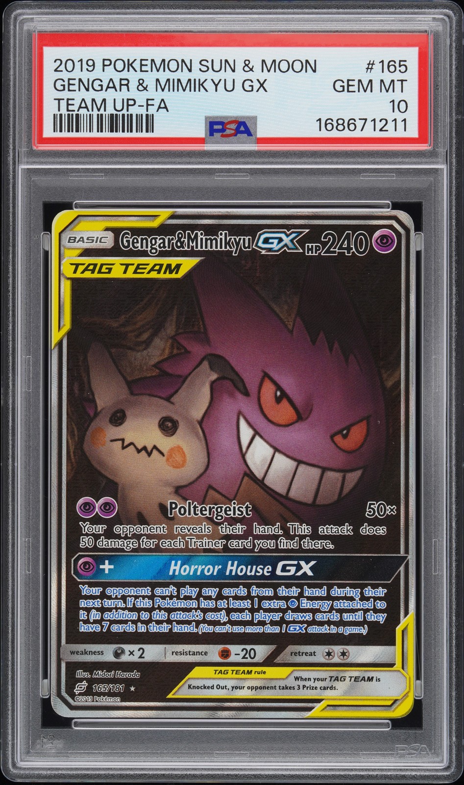 2019 POKEMON SUN & MOON TEAM UP #165 FULL ART/GENGAR & MIMIKYU GX PSA 10