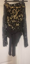 Nwt Boohoo Black Lace Open Back Body Suit 6, Nude Fabric Lining, Belt, Elegant